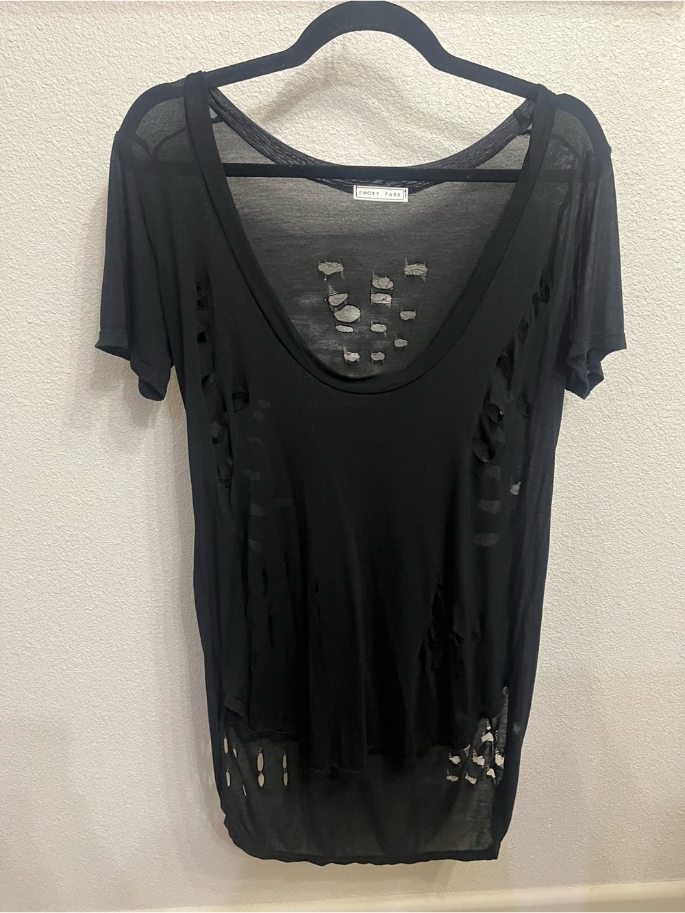 Emory Park Black Distressed Shredded Sheer Top Size Small Gently Used